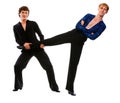 Male dancer holding leg of funny posing friend