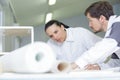 Male decorator and young woman studying repair plan indoors