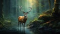 Male deer with an antler standing in a mystic forest created with Generative AI Royalty Free Stock Photo