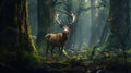 Male deer with an antler standing in a mystic forest created with Generative AI Royalty Free Stock Photo