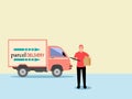 Male delivery driver holding parcels in preparation for delivery with delivery truck background