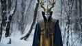 Male Demon In Dark Gold And Gray: A Snowy Ritualistic Movie Still