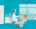 Male Dentist Doctor Curing Teeth to Boy in Clinic, Doctor Consulting Patient in Medical Office Vector Illustration
