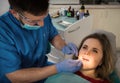 Male dentist examining a woman's teeth