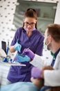 Dentist with female assistant working in dental ordination Royalty Free Stock Photo