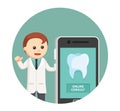 Male dentist standing with online consult on smartphone