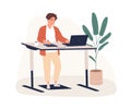 Male designer working at modern ergonomic workplace vector flat illustration. Smiling man standing behind innovative