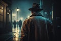 male detective stands with his back on a night street with rain in the style of film noir Royalty Free Stock Photo