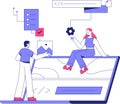 Male And Female Developers With Laptop In Flat Vector Illustration Symbolizing Web Development, Collaboration, And