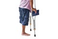 Male with a disability without a leg on crutches, Isolated on white