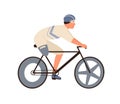 Male disabled athlete with amputated leg ride on bike vector flat illustration. Paralympic sportsman cyclist in