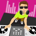 Male disc jockey mixing music using his turntables