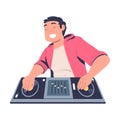 Male DJ playing music at console mixer. Smiling Man musician in headphones mixing audio sounds on deck cartoon vector Royalty Free Stock Photo