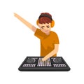Male DJ playing track and mixing music on mixer console deck vector Illustration on a white background Royalty Free Stock Photo