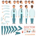 Male doctor animation. Hospital staff character body parts legs arms clothes healthcare items vector collection