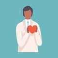 Male Doctor ardiologist Holding Red Heart, Professional Medical Worker Character in White Lab Coat Vector Illustration Royalty Free Stock Photo