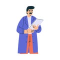 Male Doctor Character with Mustache as Professional Hospital Worker Hold Clipboard Vector Illustration