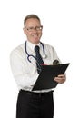 Male doctor with clipboard smiles