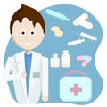 Male doctor and contents of first aid kit on blue background. Royalty Free Stock Photo