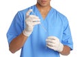 Male doctor dripping liquid into test tube on white background. Medical objects