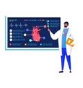 Male doctor explaining human heart anatomy, standing with clipboard. Cardiovascular health and medical education vector