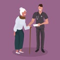 Male doctor explaining prescription to senior patient physician man supporting elderly woman with walking stick Royalty Free Stock Photo