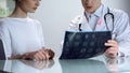 Male doctor explaining young lady results of mammogram, breast cancer awareness Royalty Free Stock Photo