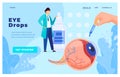 Male doctor with eyedrops bottle, giant eye anatomy, healthcare website design. Eye care professional presenting ocular