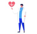 Male doctor in glasses and lab coat holding heart with pulse graph. Healthcare professional presenting cardiac health Royalty Free Stock Photo