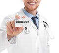 Male doctor holding card with  UROLOGY on white background, closeup Royalty Free Stock Photo