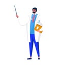 Male doctor holding clipboard and pointing with stick. Medical professional giving lecture or presentation. Educator in Royalty Free Stock Photo