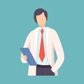 Male Doctor Holding Clipboard, Professional Medical Worker Character in White Lab Coat Vector Illustration Royalty Free Stock Photo