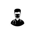 Male doctor icon. Solid black icon of a male doctor in a protective mask with a stethoscope. Precautions to protect Royalty Free Stock Photo