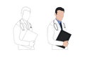 Male doctor line art illustration. Medical doctor coloring page vector. Male doctor flat design. Male nurse line art. Doctor