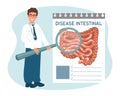 A male doctor with a magnifying glass studies diseases of the intestines, digestive system. Medical healthcare concept.