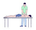 Male doctor massages a male patient flat vector illustration. Physiotherapy, acupuncture, rehabilitation concept. Health medical