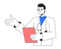 Male doctor with medical clipboard flat line color vector character