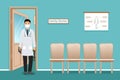 Male doctor in medical mask standing in clinic room. Vector illustration Royalty Free Stock Photo