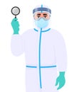 Male doctor in safety protection suit dress, mask, glasses and face shield showing magnifying glass. Physician or surgeon