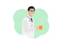 The male doctor smiled and held the coffee cup. Man relaxing with hot coffee. Vector cartoon style illustration