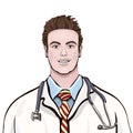 Male doctor standing front side, vector cartoon multicolored portrait three quarters men physician, painted human in a medical dre