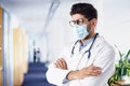 Male doctor wearing face mask while standing at hospital`s foyer Royalty Free Stock Photo