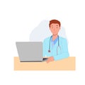 male Doctor is working in a room with laptop. flat vector cartoon character illustration