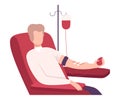 Male Donor Giving Blood in Medical Hospital, Volunteer Character Sitting in Medical Chair, Blood Donation Flat Vector