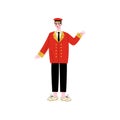 Male Doorman Meeting Guests, Male Doorman Hotel Staff Character in Red Uniform Vector Illustration