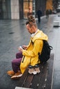 Young man messaging to friend in city centre Royalty Free Stock Photo