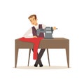 Male dressmaker sewing clothes by sewing machine, clothing designer or tailor working at atelier vector Illustration