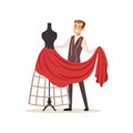 Male dressmaker sewing red dress on a dressmakers dummy, clothing designer or tailor working at atelier vector