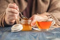 Male drink hot tea in cold day Royalty Free Stock Photo