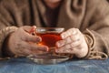 Male drink hot tea in cold day Royalty Free Stock Photo